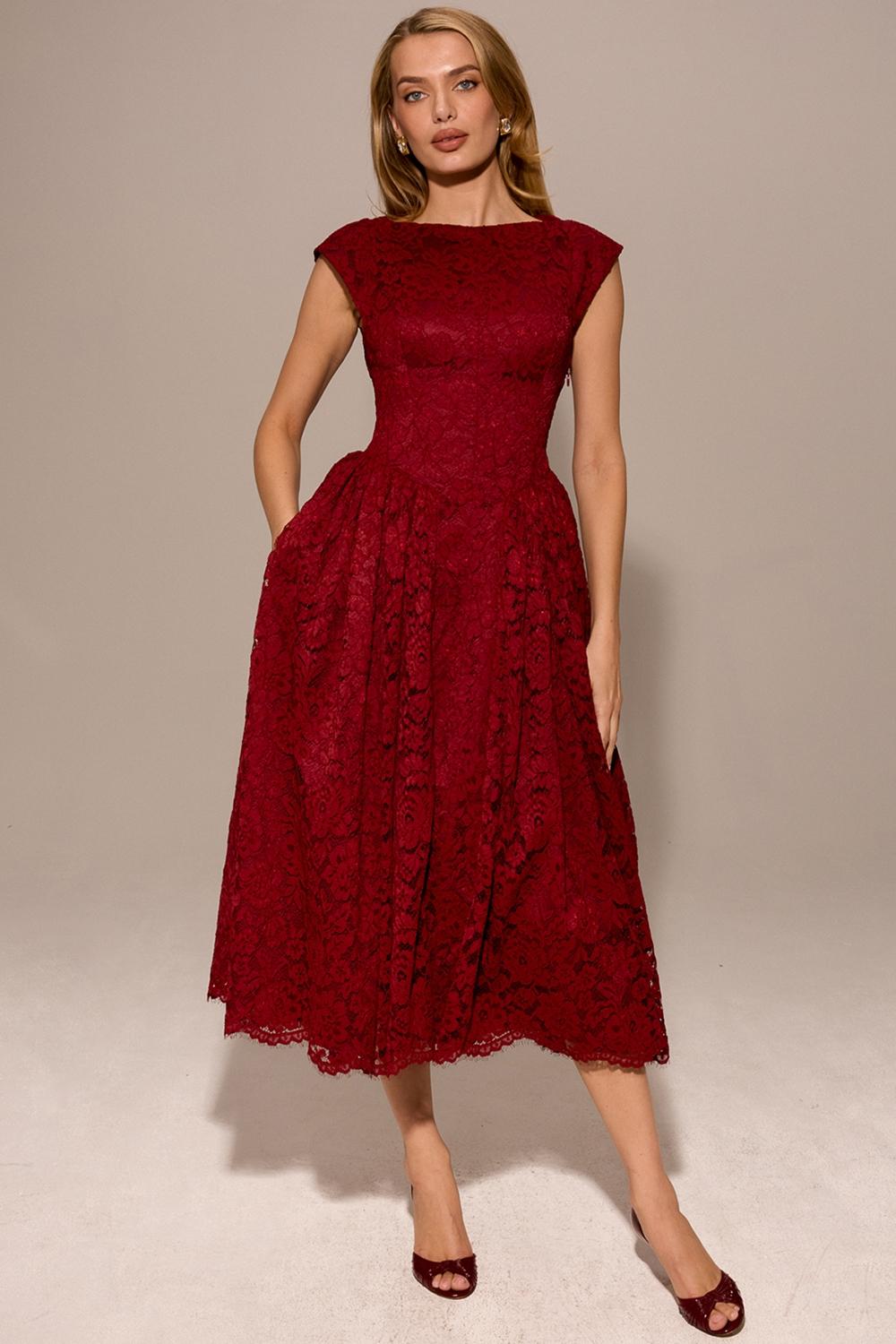 Debutante  berry lace backless midi dress Product Image