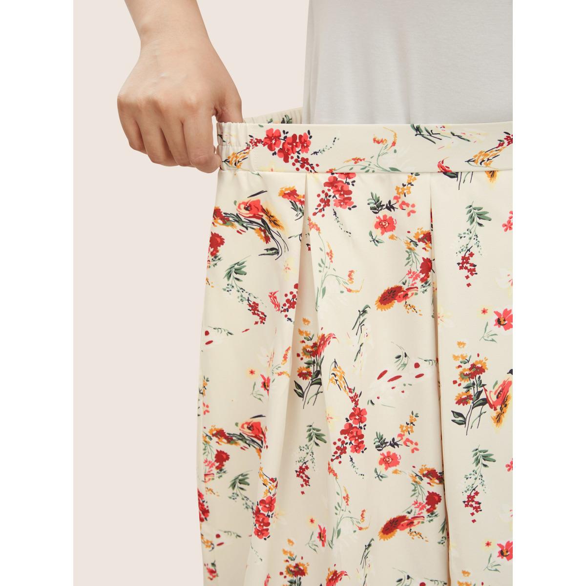 Plus Size Floral Print Pleated Elastic Waist Skirt Women Beige Elegant Pleated No stretch Everyday Skirts BloomChic 18-20/2X Product Image