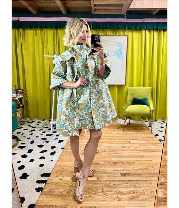 Buru Brocade Floral Oversized Point Collar 3/4 Sleeve Pocketed Topper Jacket Product Image