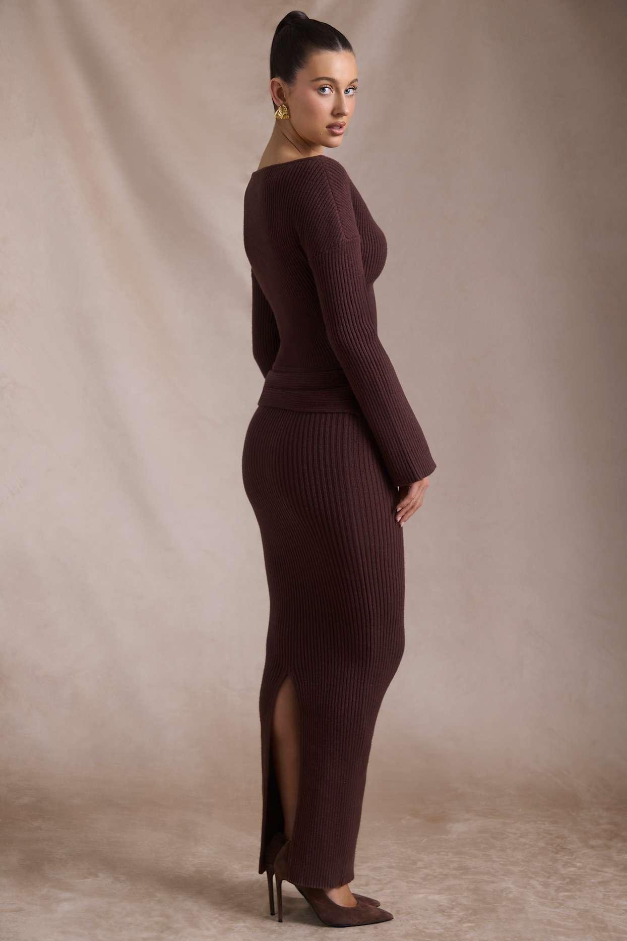 Ribbed-Knit Foldover Maxi Skirt in Espresso Female Product Image