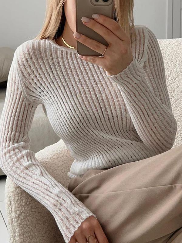 Long Sleeves Skinny See-Through Split-Joint Round-Neck T-Shirts Product Image