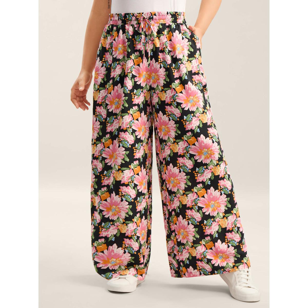 Plus Size Rayon Blushing Floral Print Wide-Leg Pants Women BlackFlower Casual Wide Leg Mid Rise Everyday-Casual Pants BloomChic 14-16/1X Product Image