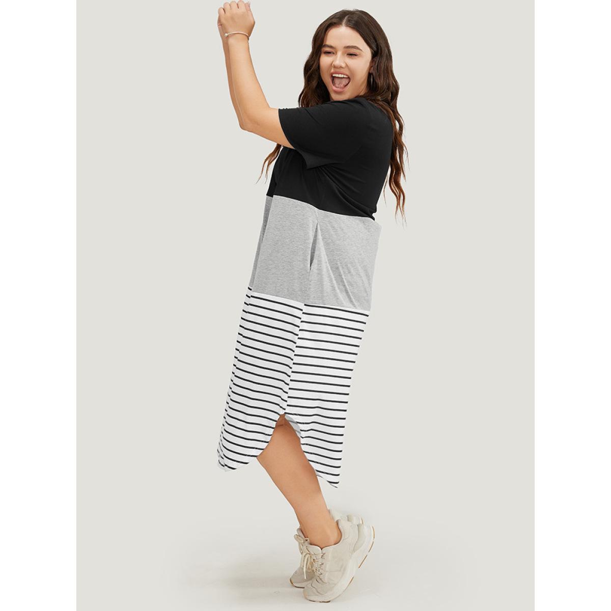 Plus Size Striped Contrast Arc Hem Pocket Crisscross Neck Dress Black Women Casual Contrast V-neck Short sleeve Curvy Midi Dress BloomChic 10/M Product Image
