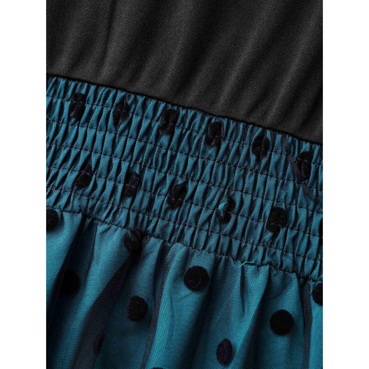 Plus Size Polka Dot Flocking Mesh Patchwork Dress Teal Women Elegant Gathered Round Neck Elbow-length sleeve Curvy BloomChic 22-24/3X Product Image