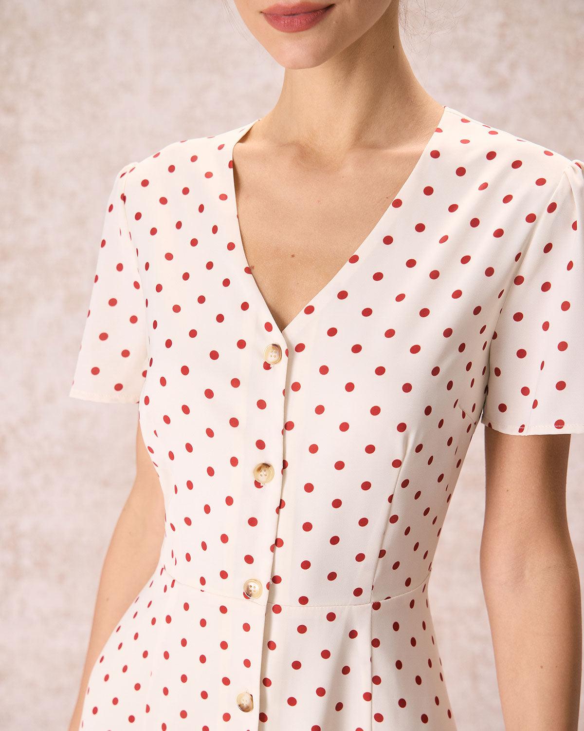 The Beige V Neck Polka Dot Button Midi Dress Product Image
