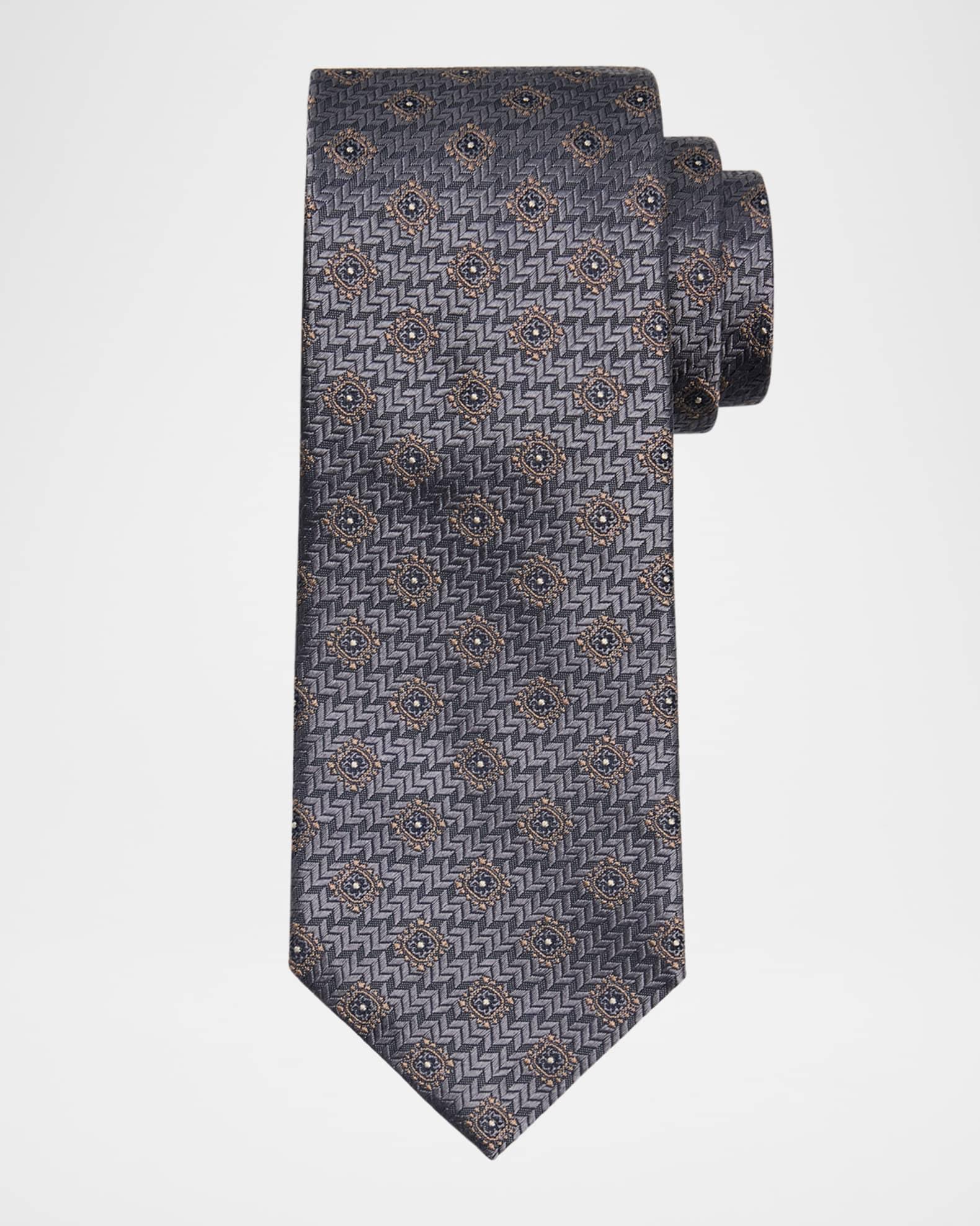 Men's Geometric Tile Jacquard Silk and Cotton Tie Product Image