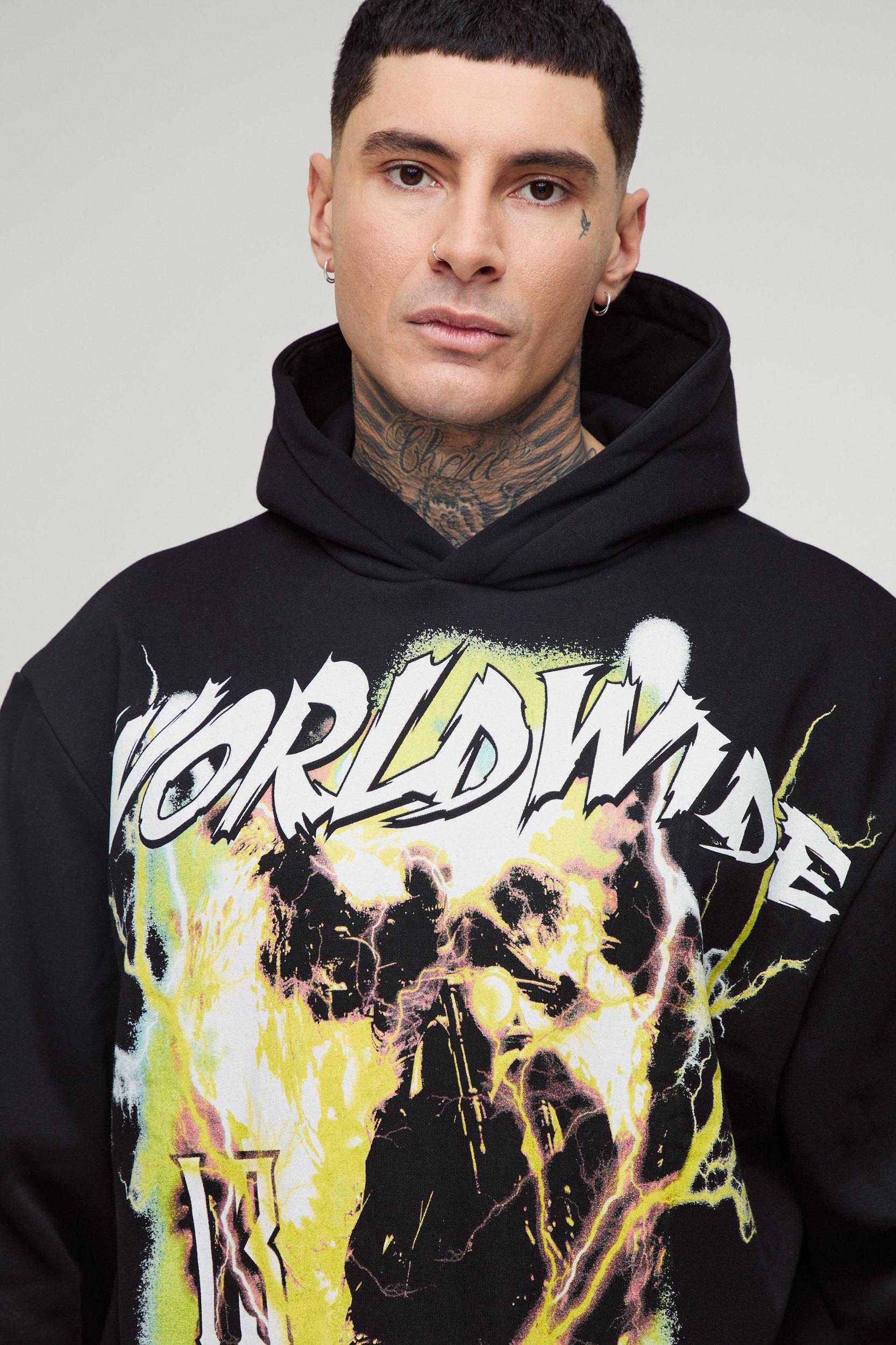 Tall Oversized Boxy Worldwide Large Scale Print Hoodie | boohooMAN USA Product Image