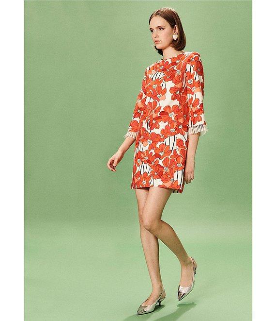 Tara Jarmon Rivanne Floral Print Round Neck Elbow Sleeve Beaded Fringe Dress Product Image