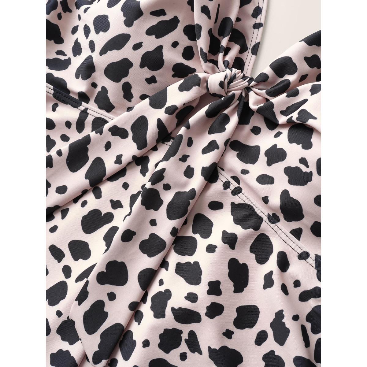 Plus Size Leopard Bowknot Front Waistline Inside Swim Top Women's Swimwear Apricot Beach Non High stretch Bodycon V-neck Curve Swim Tops BloomChic 18-20/2X Product Image