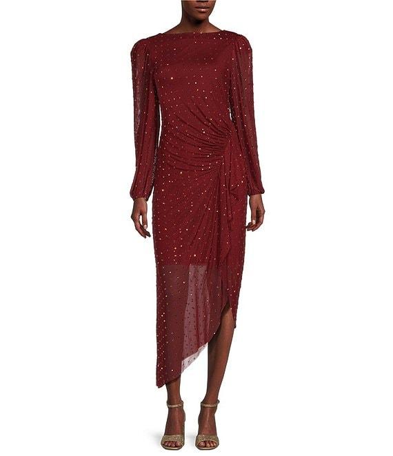 Alex Marie Belle Beaded Mesh High Boat Neck Puff Shoulder Long Sleeve Ruched Waist Asymmetrical Flounce Midi Dress Product Image
