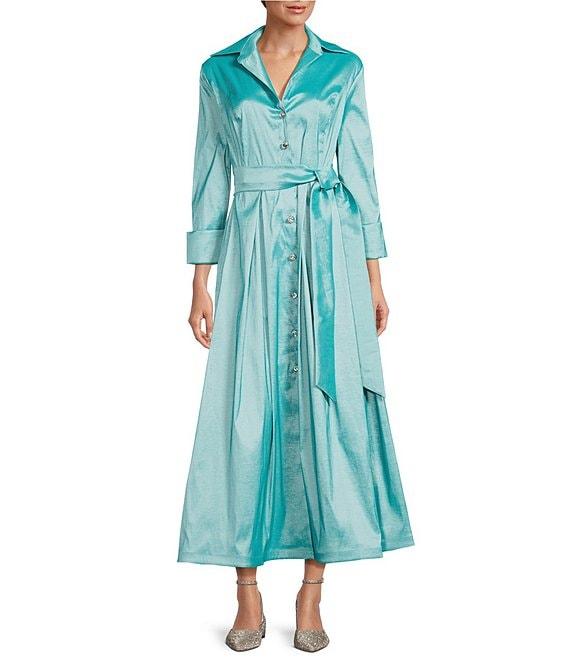 Marina 3/4 Sleeve Point Collar Neck Tie Waist Taffeta Midi A-Line Dress Product Image