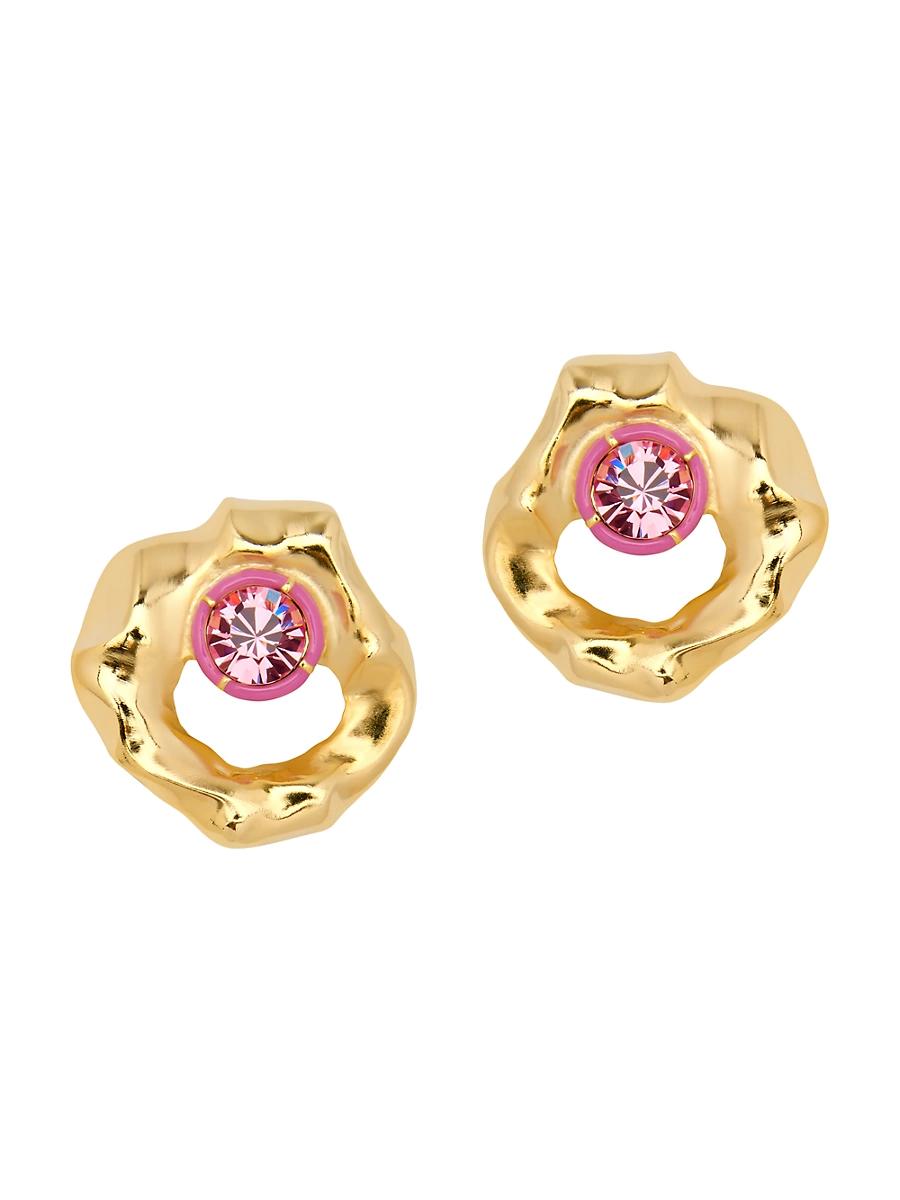 Womens 14K-Gold-Plated, Crystal & Enamel Textured Round Stud Earrings Product Image
