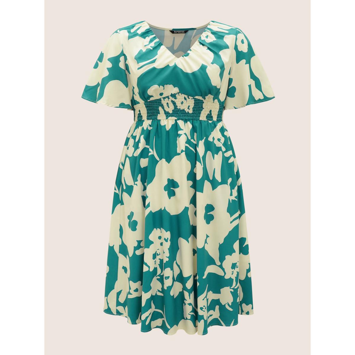 Plus Size Silhouette Floral Print Shirred Flutter Sleeve Dress Teal Women Elegant Gathered V-neck Short sleeve Curvy BloomChic 12/L Product Image