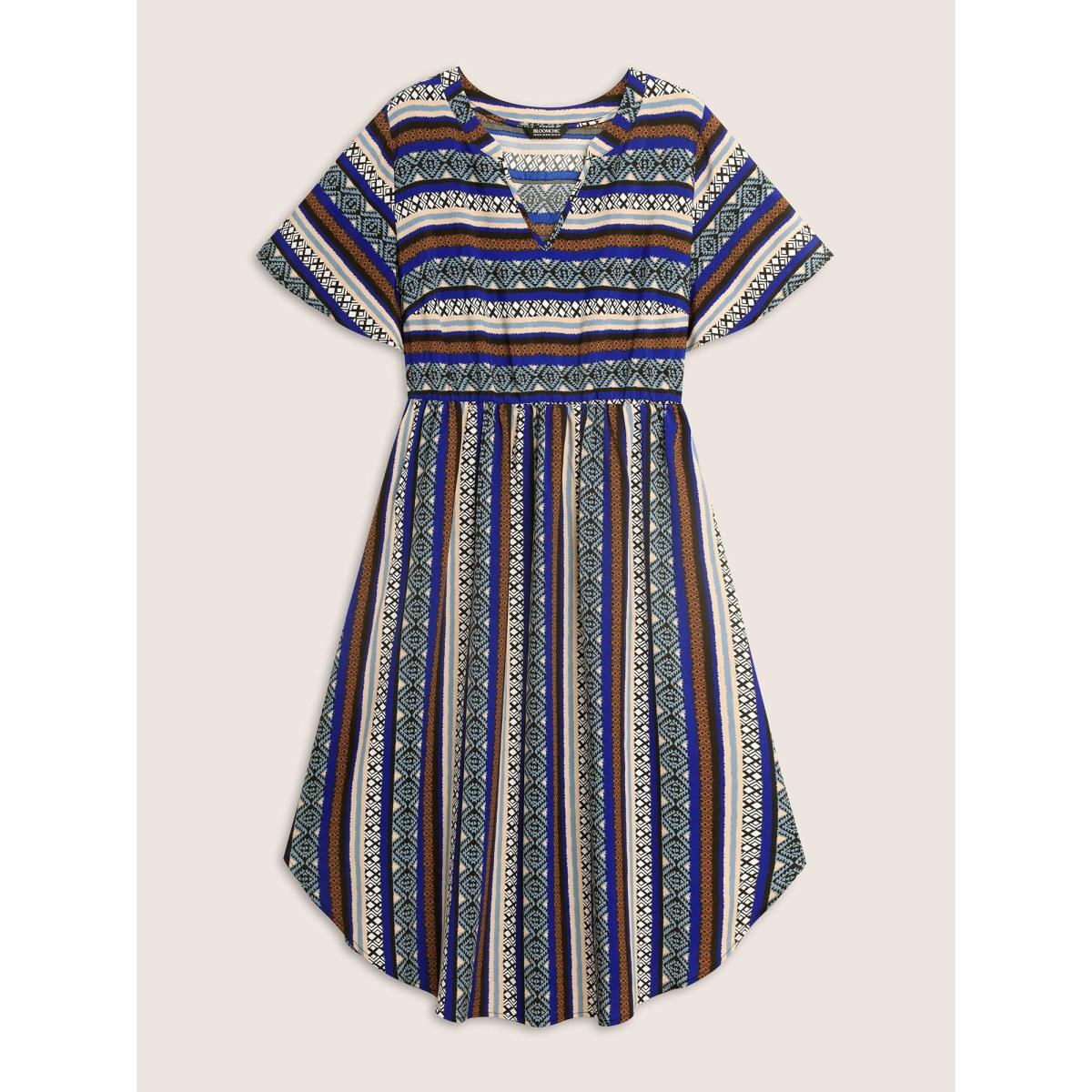 Plus Size Bandana Striped Curved Hem Ruffle Sleeve Dress Mediumblue Women Resort Gathered Notched collar Short sleeve Curvy BloomChic 10/M Product Image