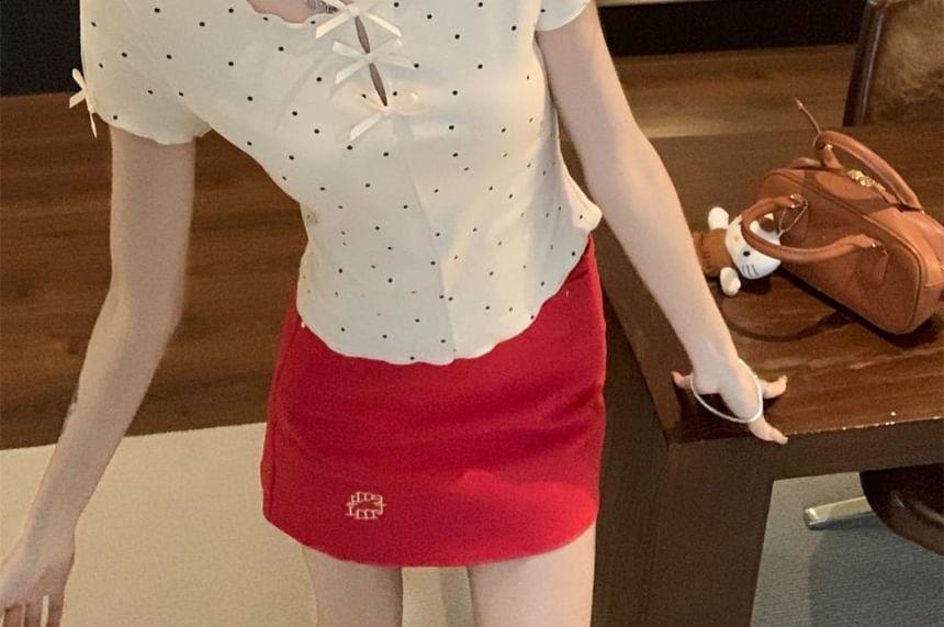 Short-Sleeve Scoop Neck Dotted Bow Accent Cutout Crop T-Shirt Product Image