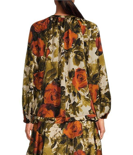 Skies Are Blue Abstract Rose Crew Neck Long Sleeve Button Front Top Product Image