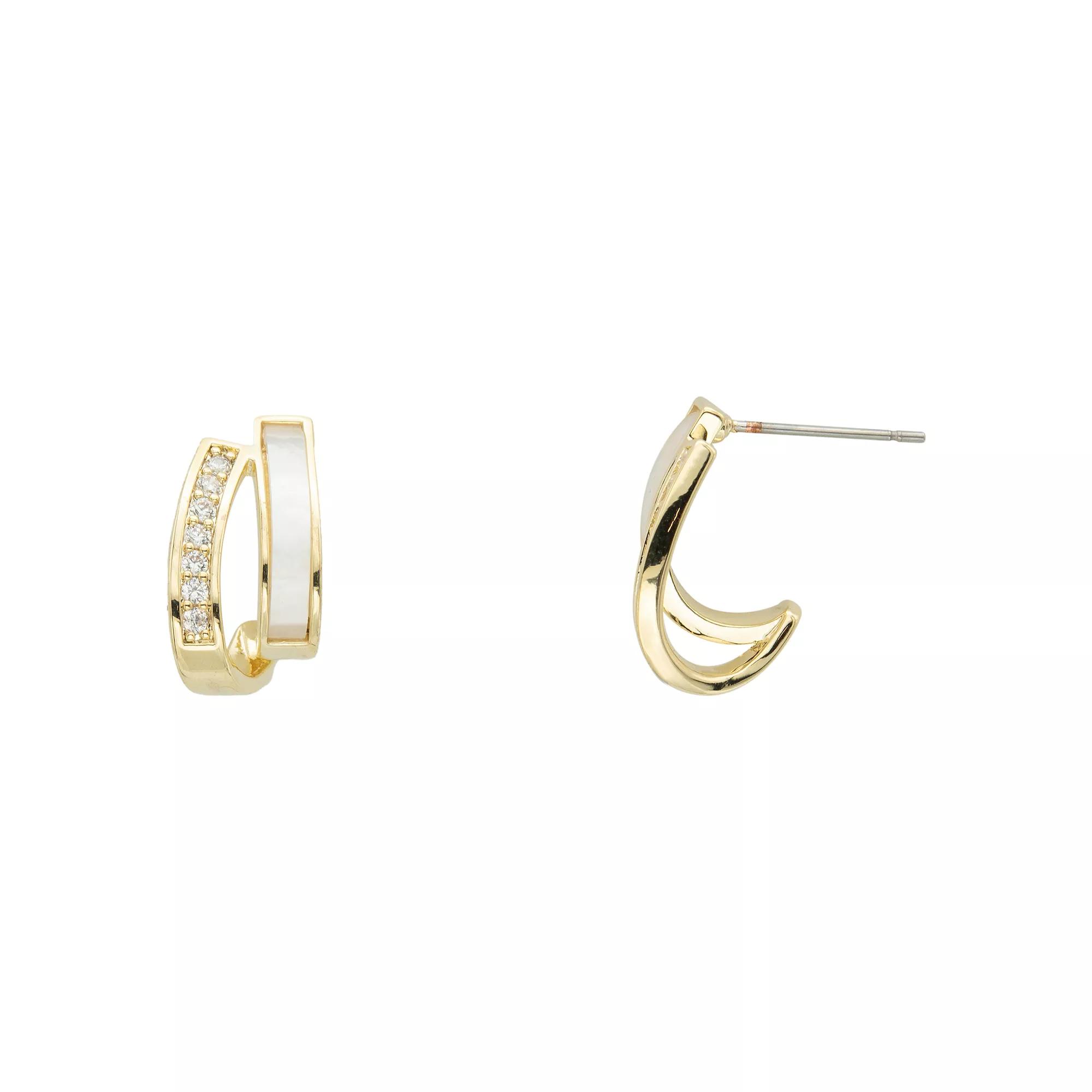City Luxe Gold Tone Mother-of-Pearl & Cubic Zirconia J Hoop Earrings, Women's, Gold Tone Mop Product Image