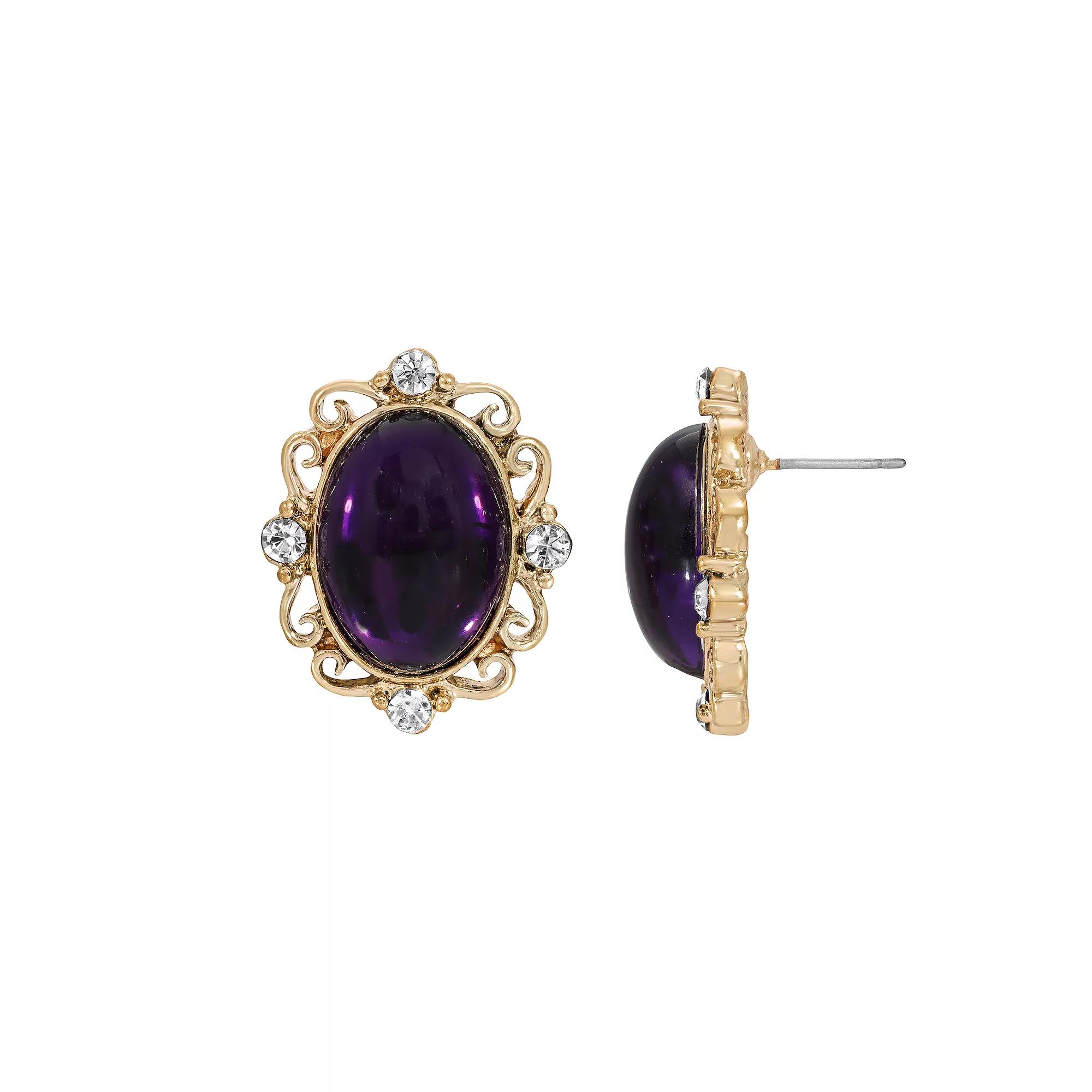 1928 Gold Tone Purple Oval Crystal Accented Button Stud Earrings, Women's Product Image