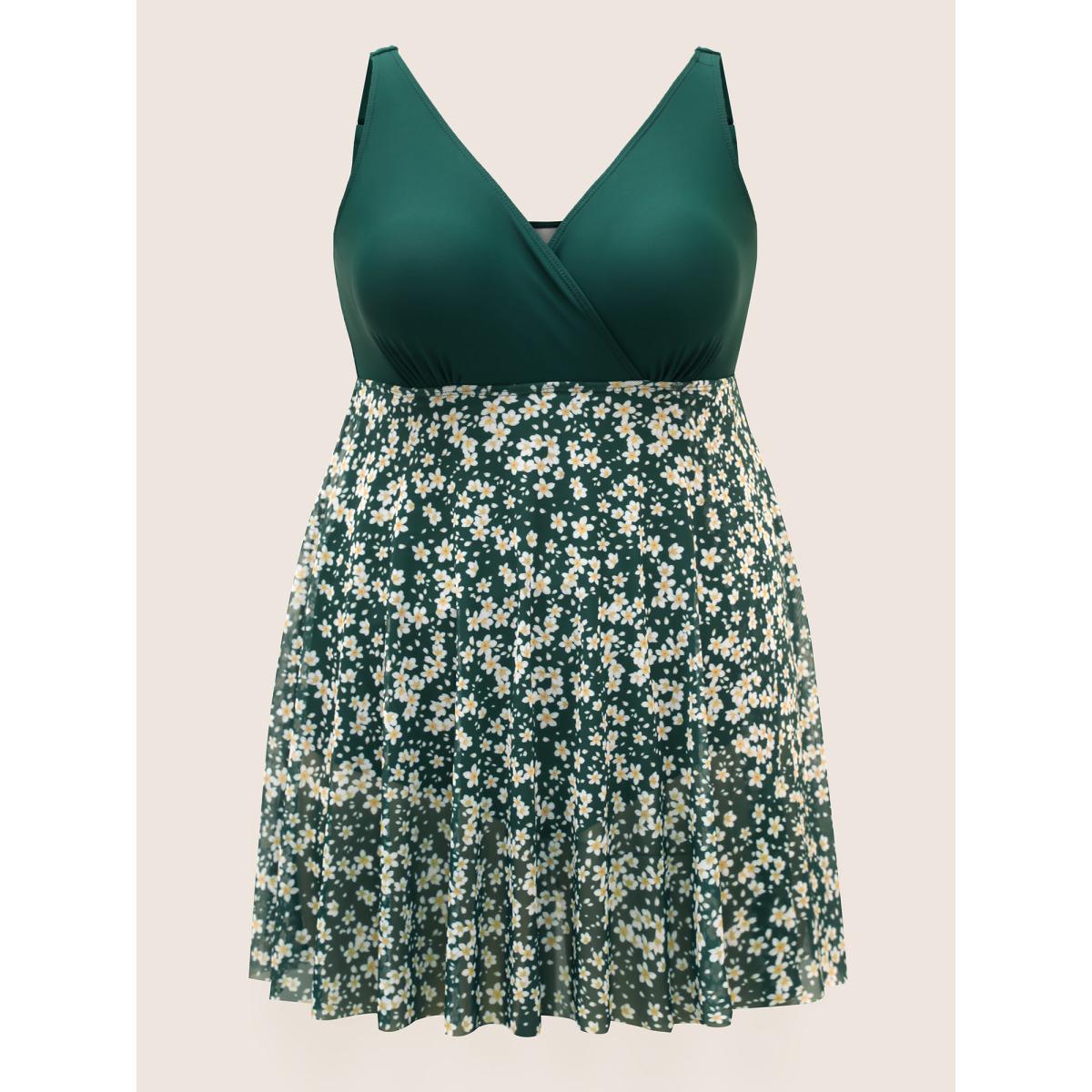 Plus Size Overlap Collar Ditsy Floral Slit Hem Swim Dress Women's Swimwear DarkGreen Beach Bodycon Overlap Collar High stretch Curve Swim Dresses BloomChic 12/L Product Image