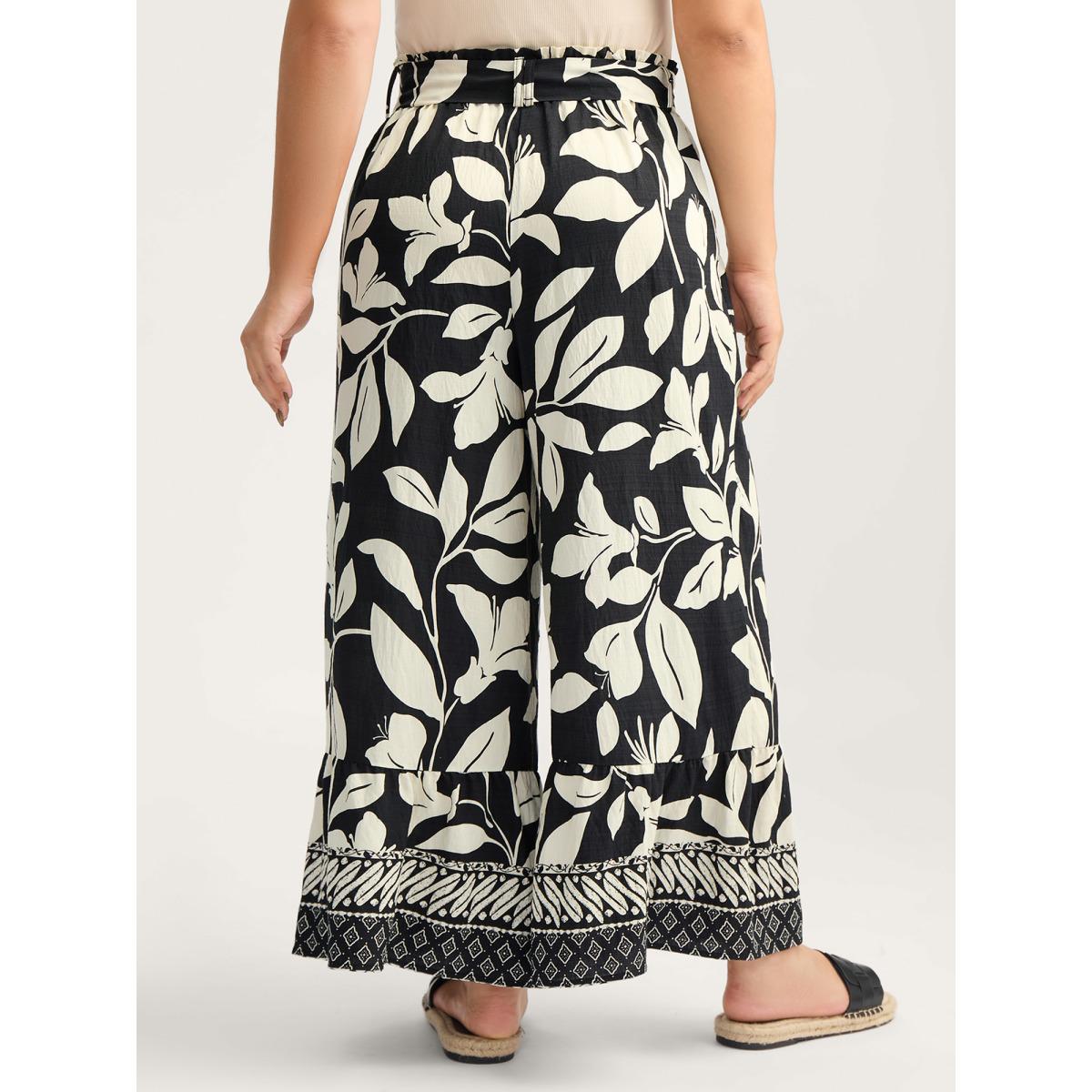 Plus Size Leafy Ruffled Hem Belted Wide-Leg Pants Women BlackFlower Resort Wide Leg Mid Rise Vacation Pants BloomChic 12/L Product Image