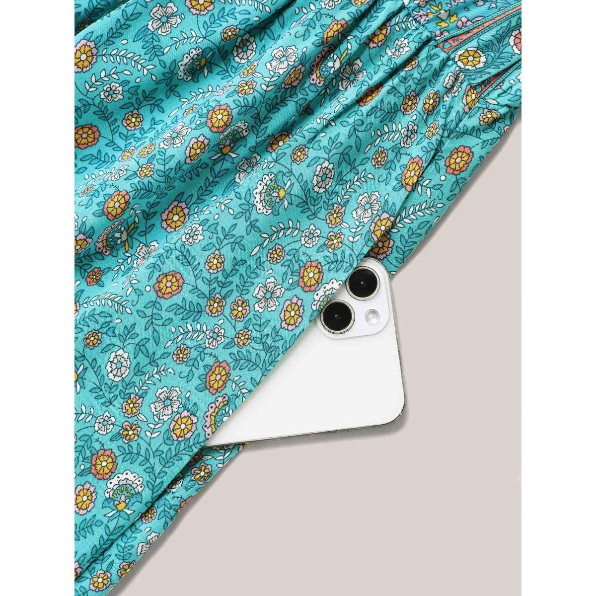 Plus Size Boho Floral Print V-Neck Maxi Dress Cerulean Women Resort Non V-neck Half Sleeve Curvy BloomChic 22-24/3X Product Image