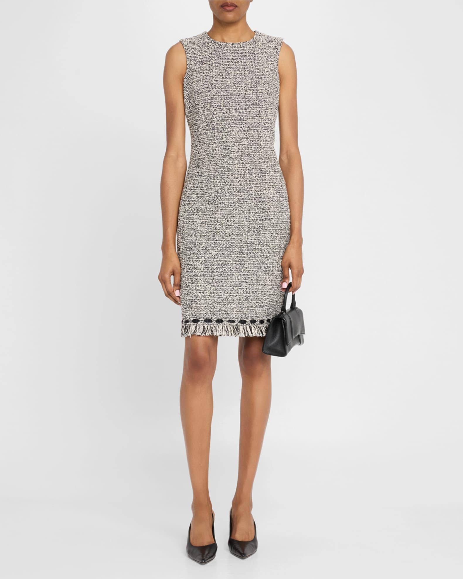 Ribbon-Trim Fringed Tweed Dress Product Image