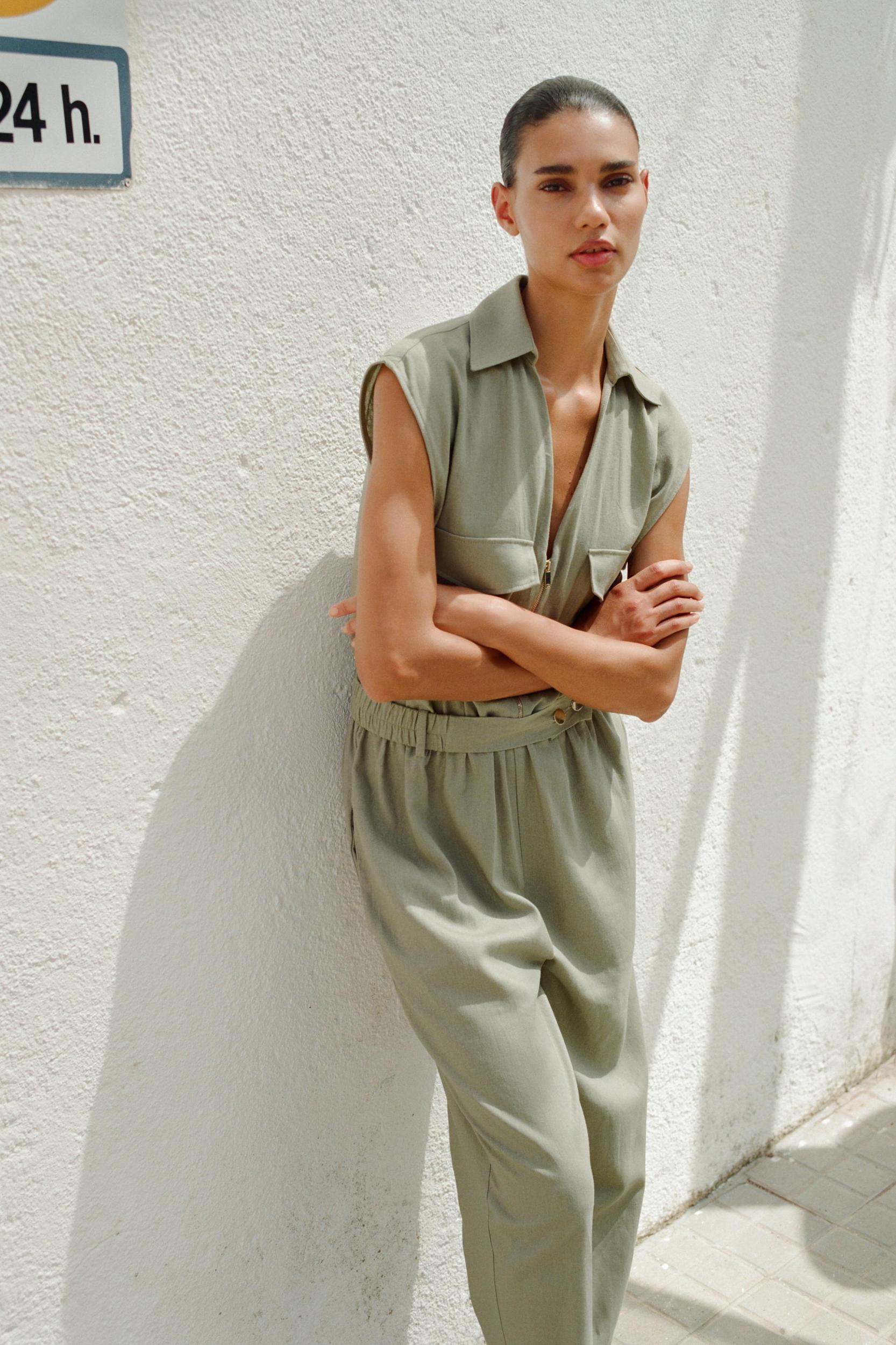 LINEN BELTED LONG JUMPSUIT Product Image