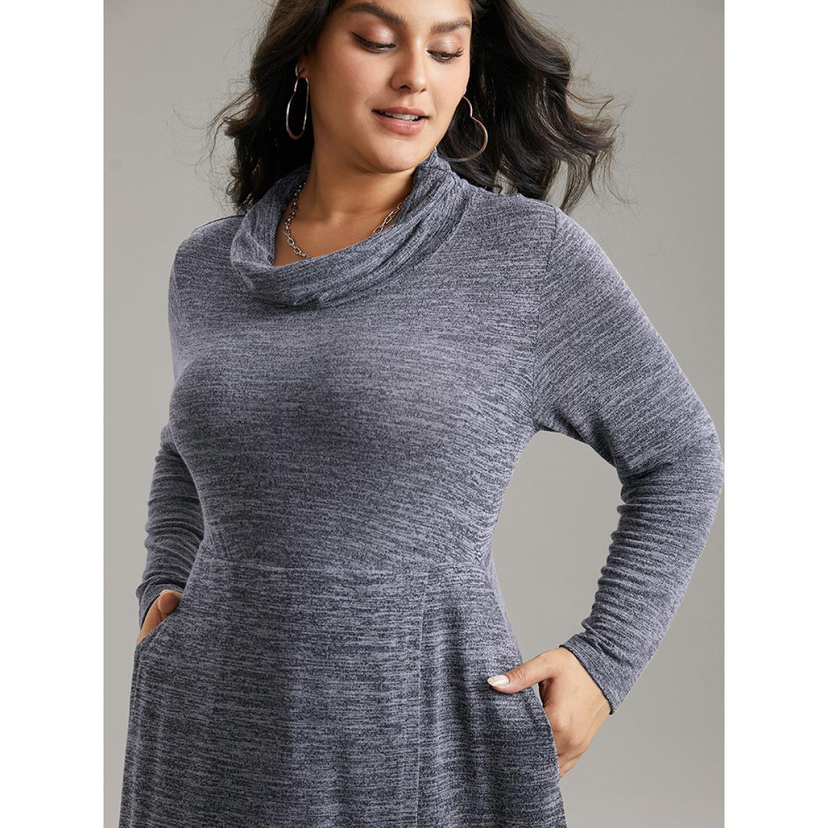 Plus Size Plain Funnel Neck Heather Arc Hem Dress Midnight Women Casual Plain Turtleneck Long Sleeve Curvy Midi Dress BloomChic 14-16/1X Product Image