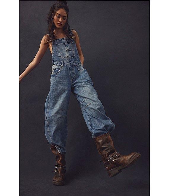 Free People We The Free Good Luck Denim Square Neck Barrel Leg Overalls Product Image