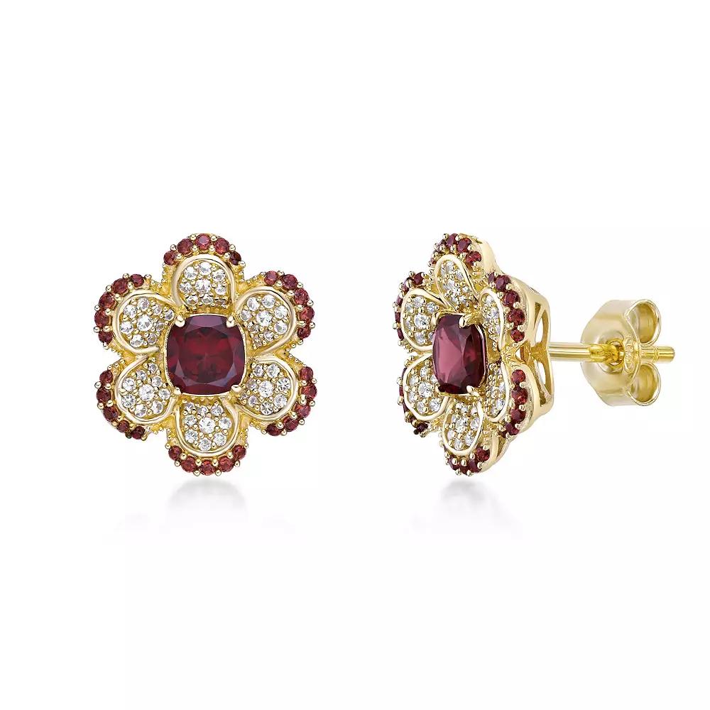 Gemminded 2 Micron Gold Over Silver Garnet & Lab-Created White Sapphire Flower Earrings, Women's, Gold Tone Product Image