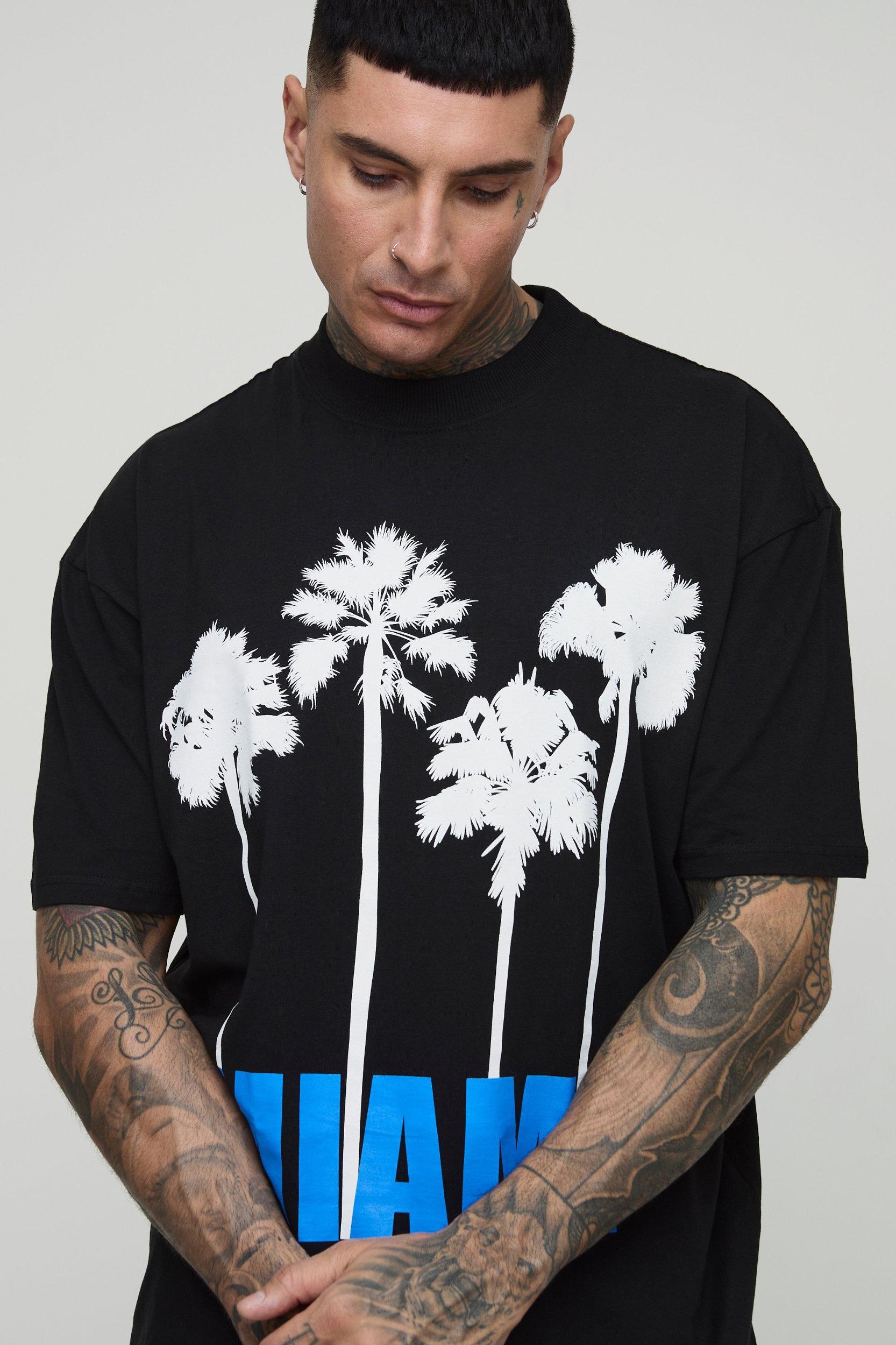 Tall Oversized Extended Neck Miami Palm T-Shirt | boohooMAN USA Product Image