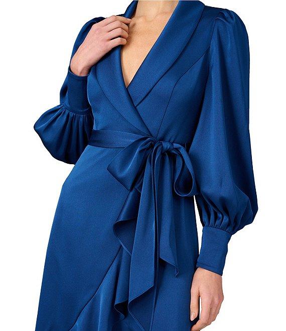 Aidan Mattox V-Neck Bishop Sleeve Asymmetrical Ruffle Hem Wrap Dress Product Image