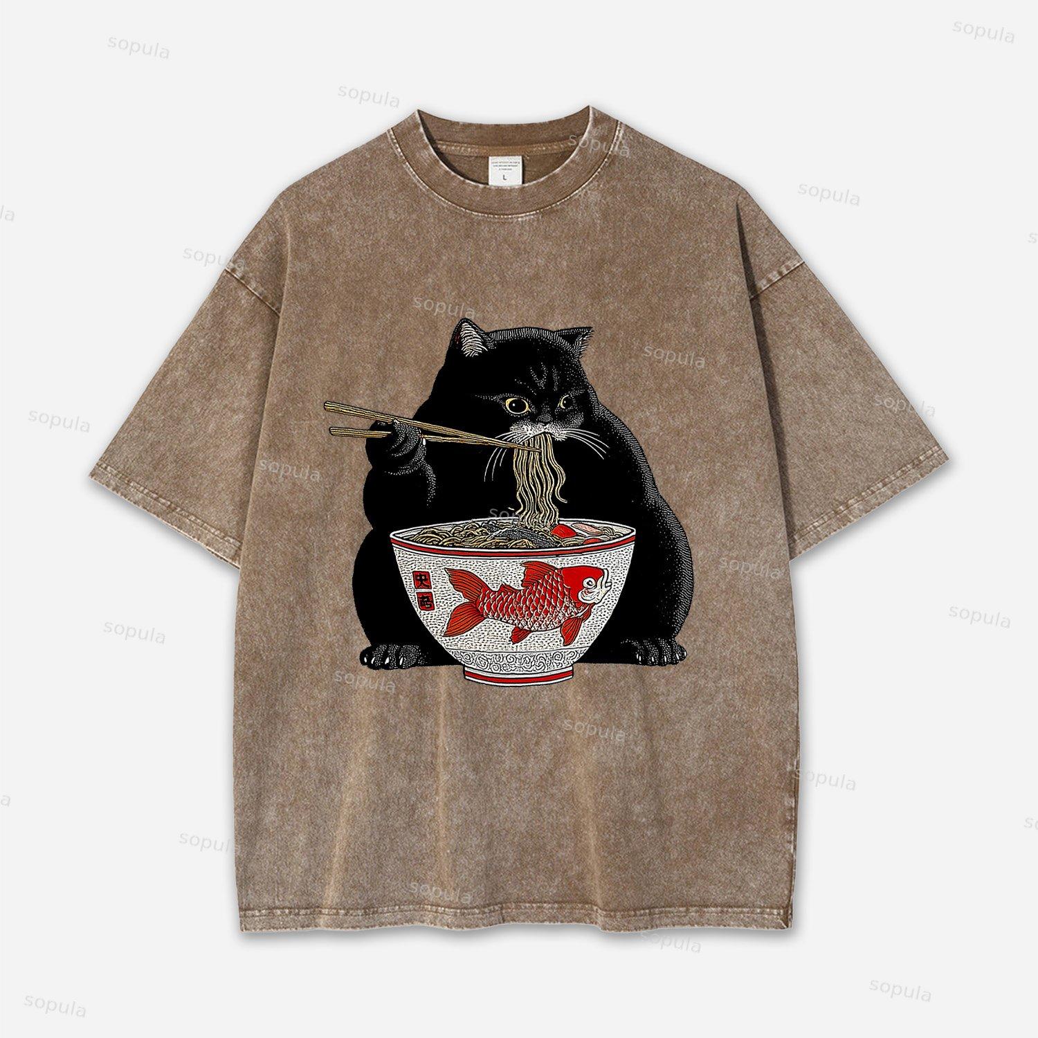 Fat Cat Eating Ramen Acid Washed T-shirt Product Image