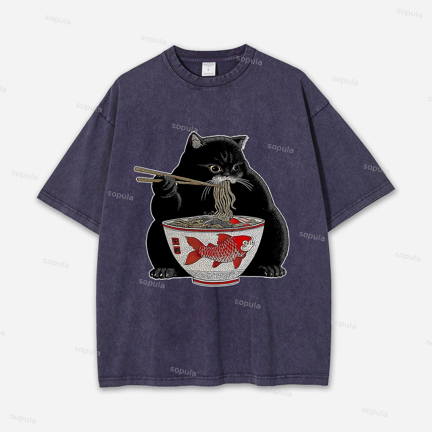 Fat Cat Eating Ramen Acid Washed T-shirt Product Image