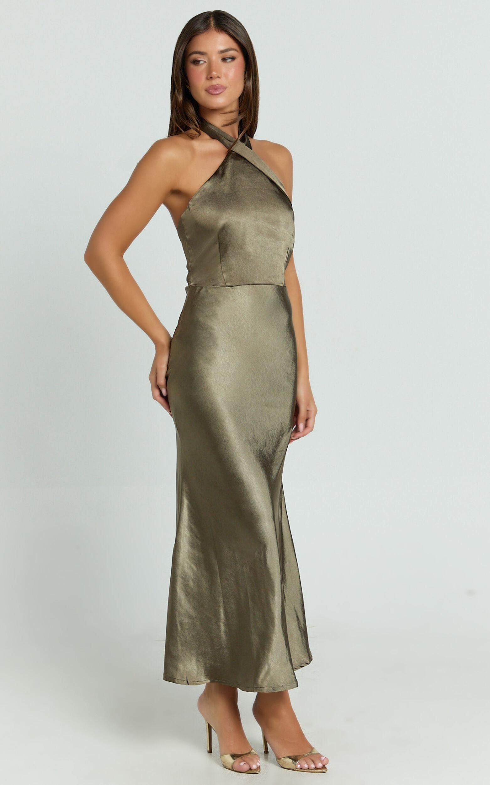 Rhianne Midi Dress - Twist Halter Neck Open Back Satin Dress in Olive Product Image
