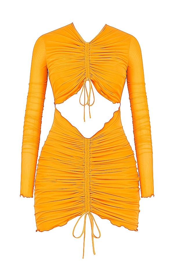 Jeanelle  orange ruched mesh long sleeve cutout mini dress Product Image