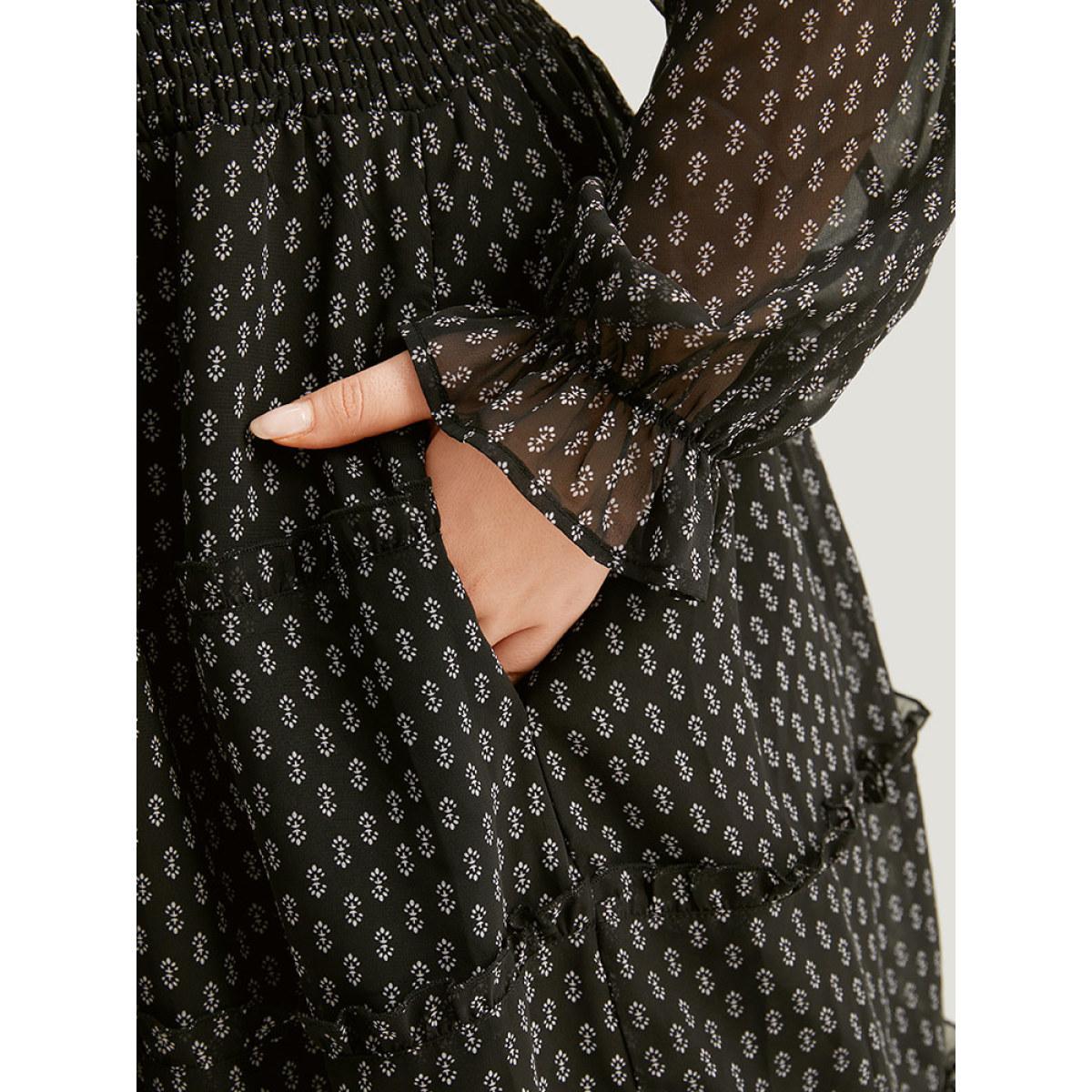 Plus Size Geometric Shirred Mesh Frill Trim Dress BlackFlower Women At the Office See through V-neck Long Sleeve Curvy Midi Dress BloomChic 18-20/2X Product Image