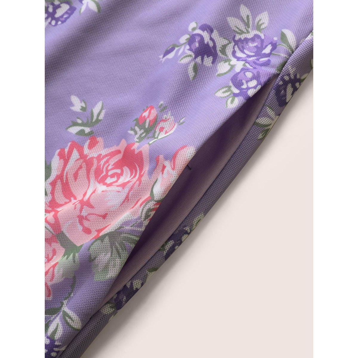 Plus Size Everywhere Dress - Mesh Floral Ruched Dress Lavender Women Elegant Belted One-shoulder neck Sleeveless Curvy BloomChic 26/4X Product Image