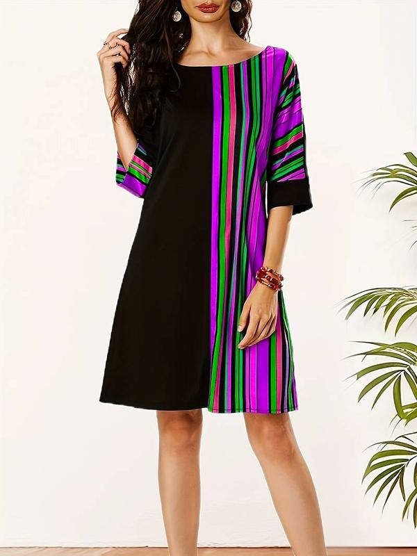 A-Line Half Sleeves Asymmetric Contrast Color Striped Round-Neck Mini Dresses Product Image