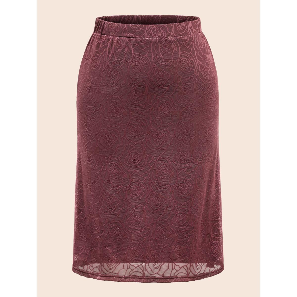 Plus Size Floral Textured Mesh Elastic Waist Skirt Women Deepred Casual See through Medium stretch Everyday Skirts BloomChic 14-16/1X Product Image