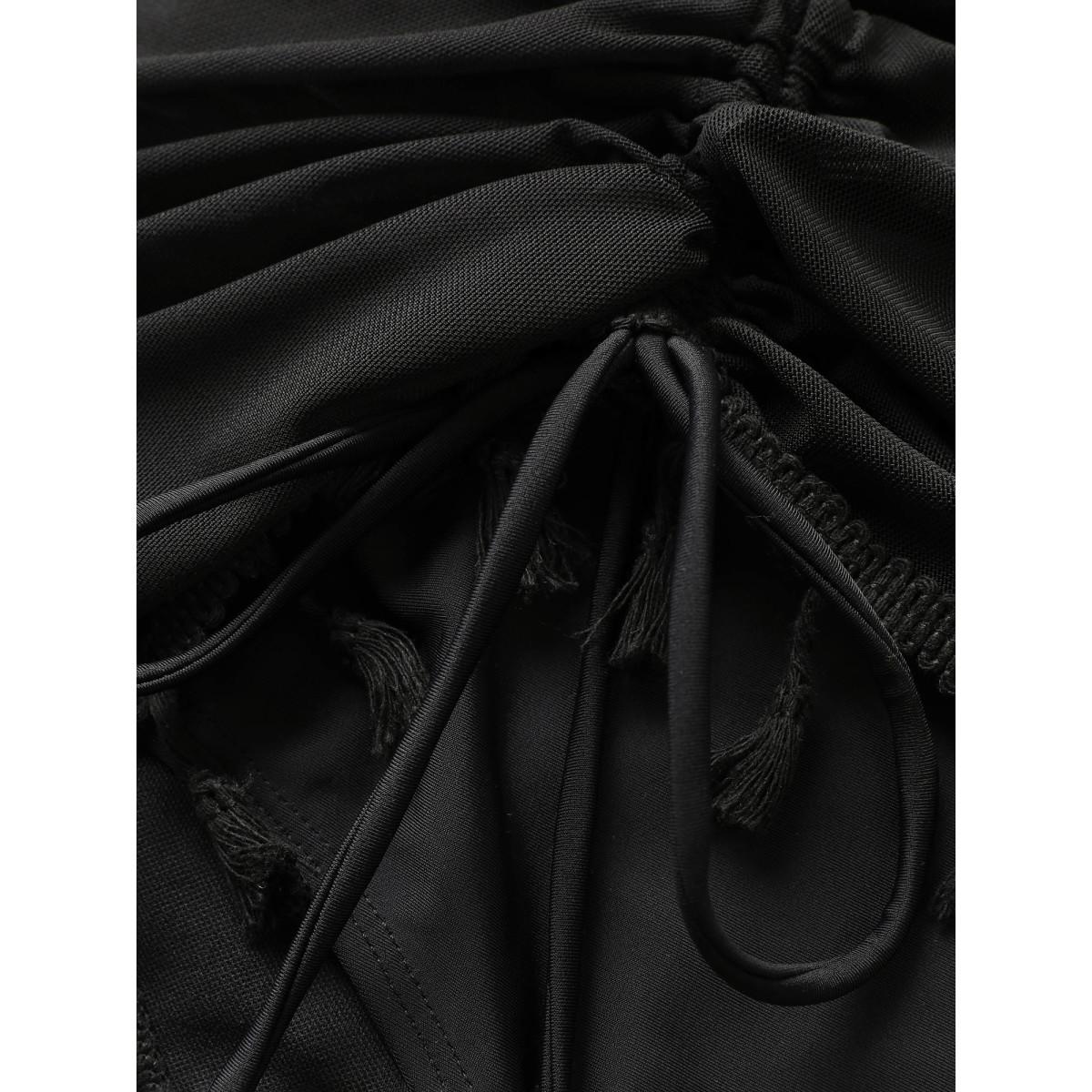 Plus Size Plain Tassel Trim Elastic Waist Swim Bottom Women's Swimwear Black Resort Gathered High stretch Bodycon High Rise Curve Swim Bottoms BloomChic 22-24/3X Product Image