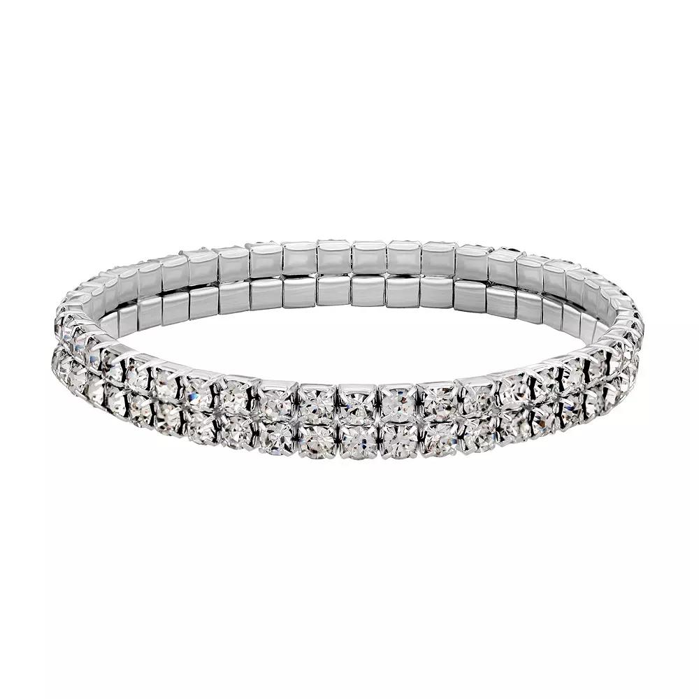 1928 Silver-Tone Clear Crystal Two-Row Rhinestone Stretch Bracelet, Women's, Multi Product Image