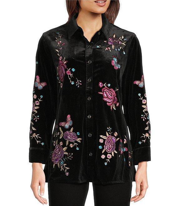 Calessa Embroidered Floral Point Collar Long Sleeve Button Front Velvet Shirt Product Image