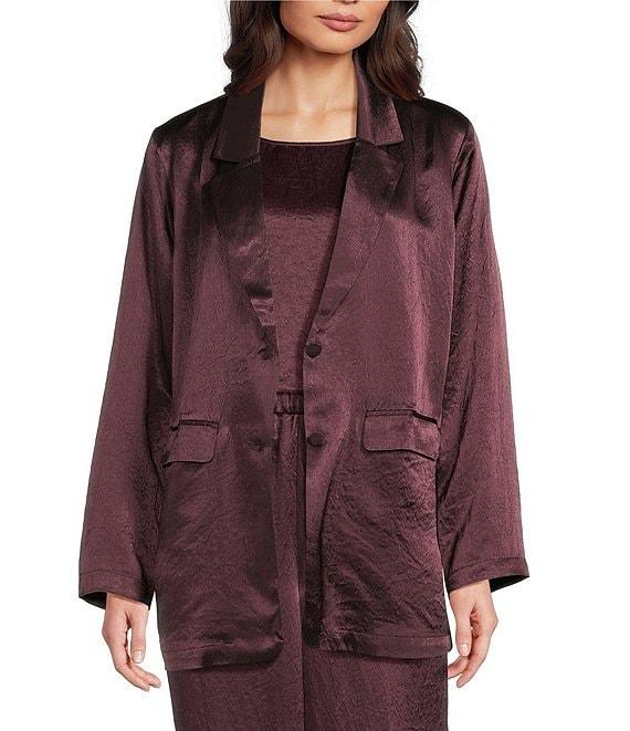 Eileen Fisher Textured Satin Notch Lapel Long Sleeve Flap Pocket Button Front Blazer Product Image