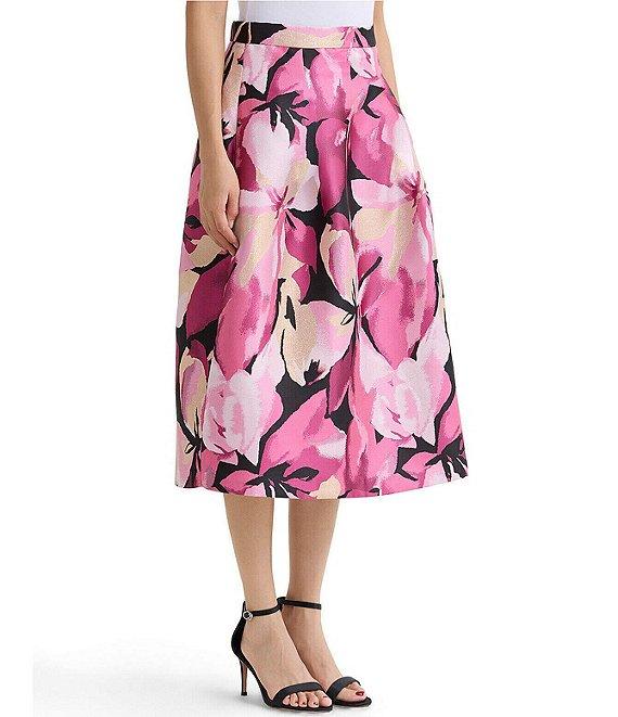 Ming Wang x Family Savvy Coordinating Shimmer Lined Floral Jacquard Flared Midi Skirt Product Image