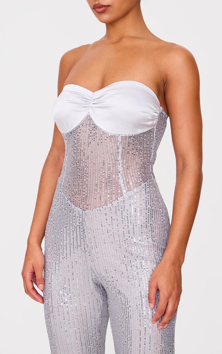 Silver Sequin Bandeau Sheer Panel Jumpsuit Product Image