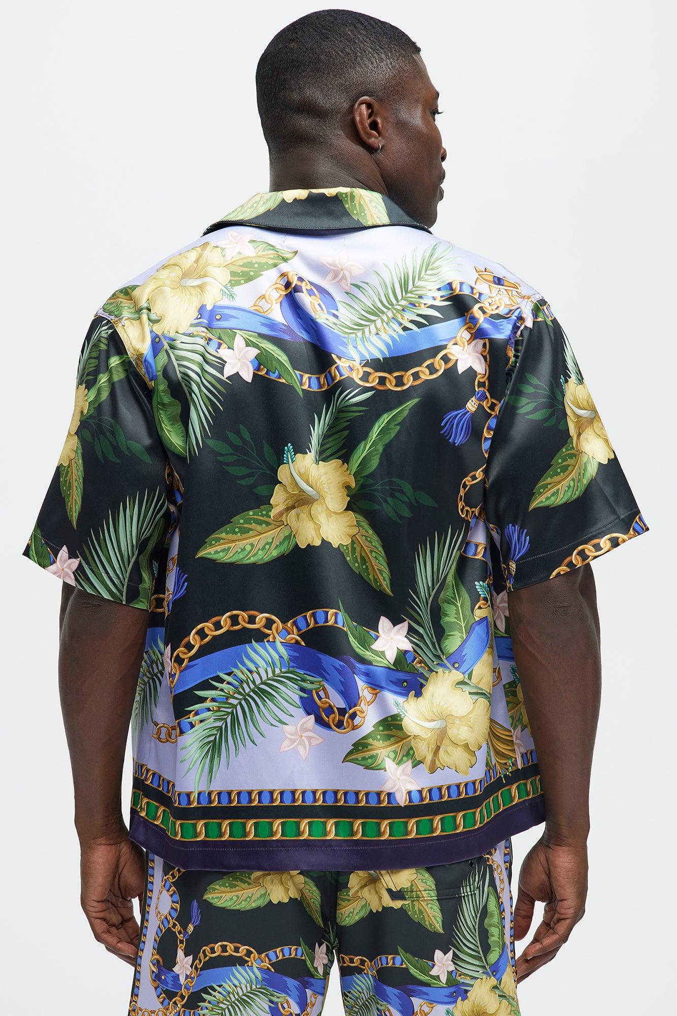 Baroque Floral Cuban Collar Button Up Shirt - Multi Color Product Image