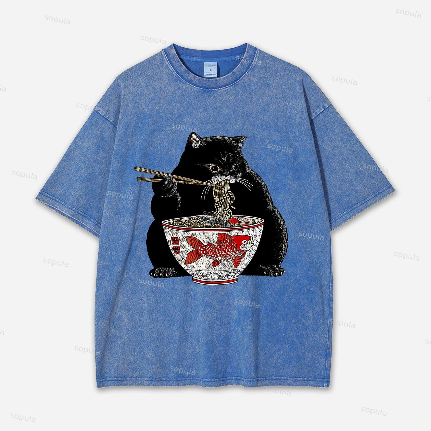 Fat Cat Eating Ramen Acid Washed T-shirt Product Image