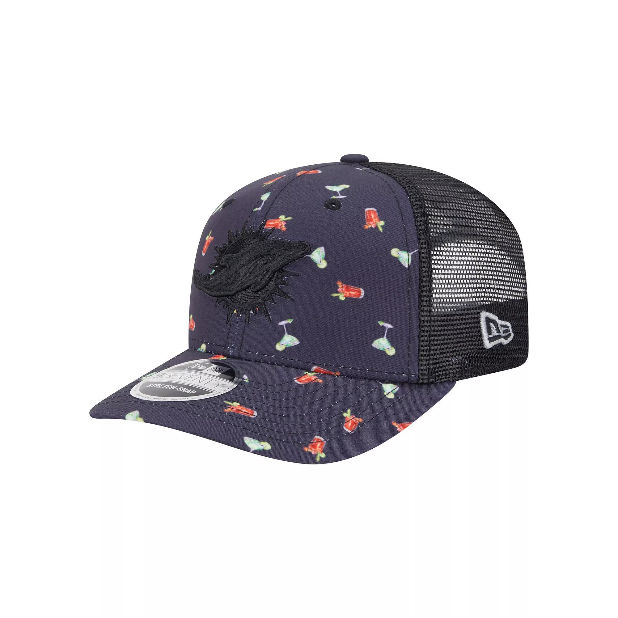 Mens New Era /Black Miami Dolphins Adventure Drinks Pattern 9SEVENTY Stretch-Snap Hat, Blue Product Image