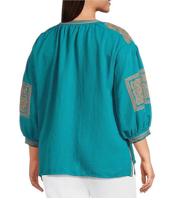 Calessa Plus Size Crinkle Textured Foulard Embroidered Split V-Neck 3/4 Sleeve Tunic Product Image